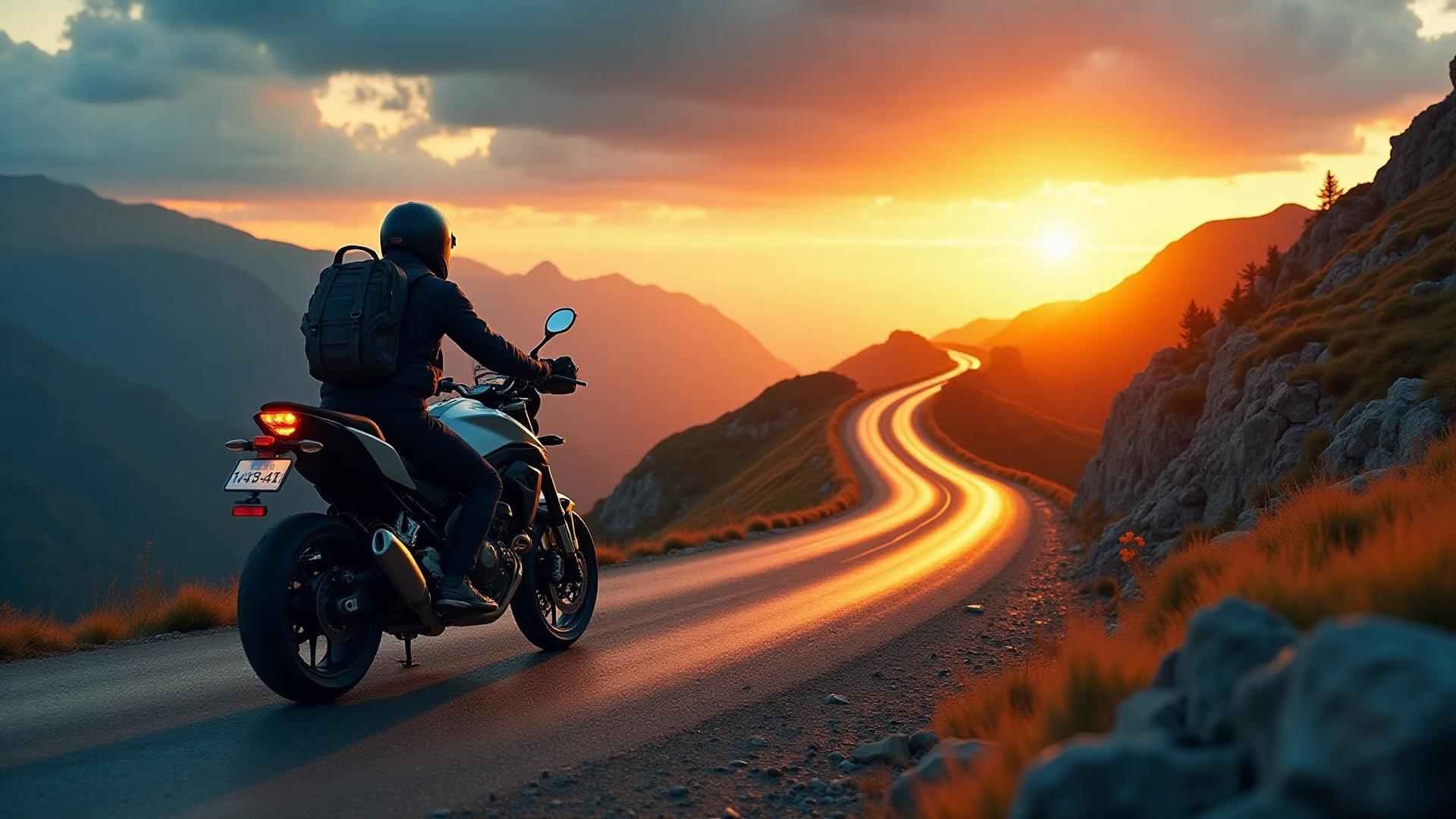 Adventure motorcycle on mountain road at sunset