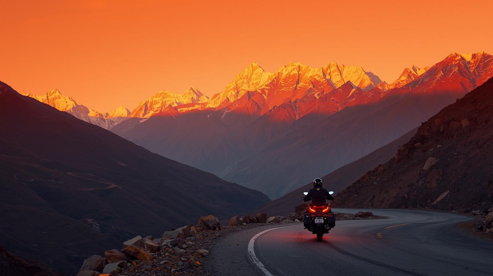 Adventure motorcycle on mountain road at sunset